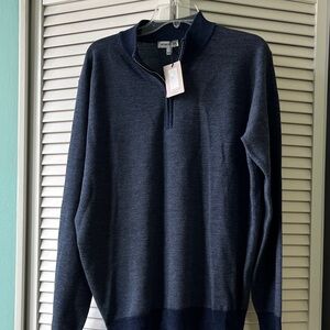 NWT PETER MILLAR CROWN Men's blue Quarter-Zip Sweater, 100% merino wool, size L